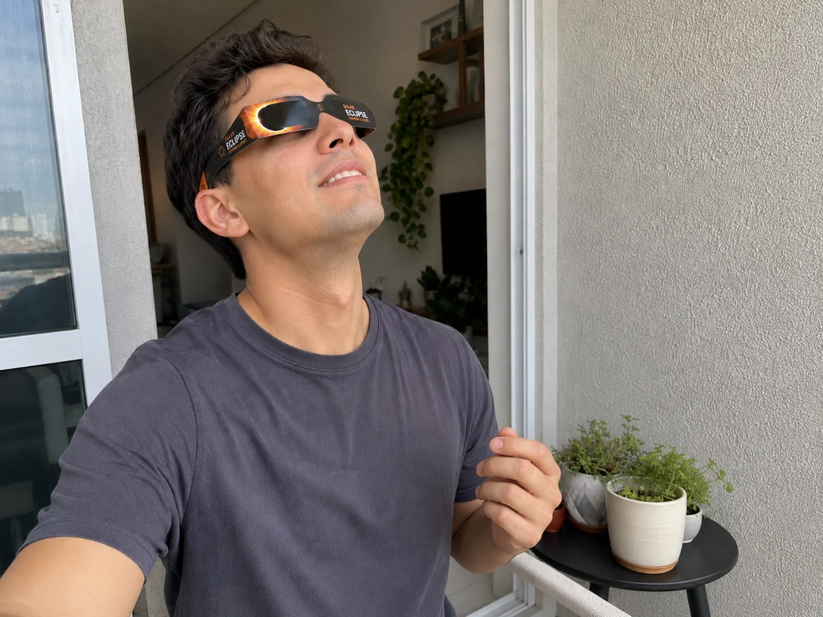 Karim B. portant des lunettes d’éclipse solaire