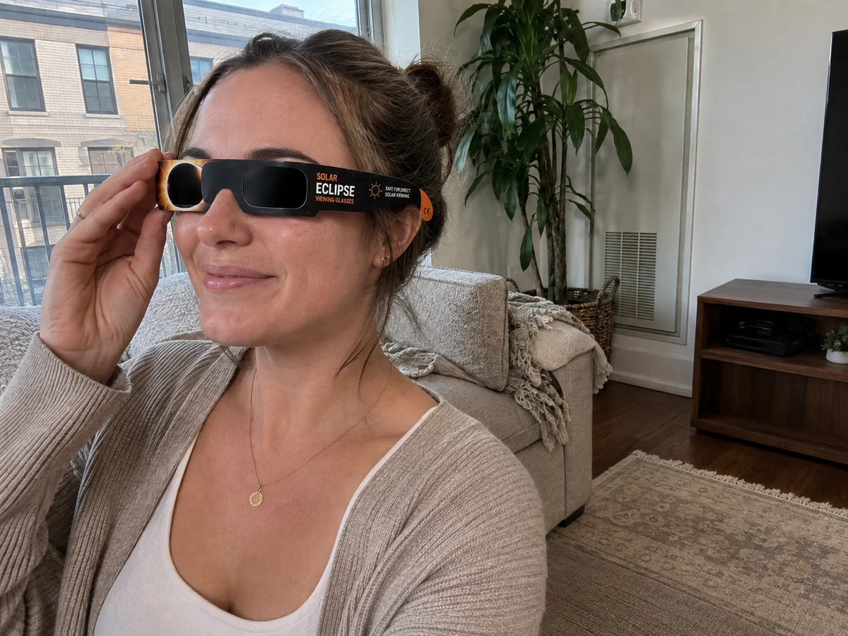 Julie T. portant des lunettes d’éclipse solaire
